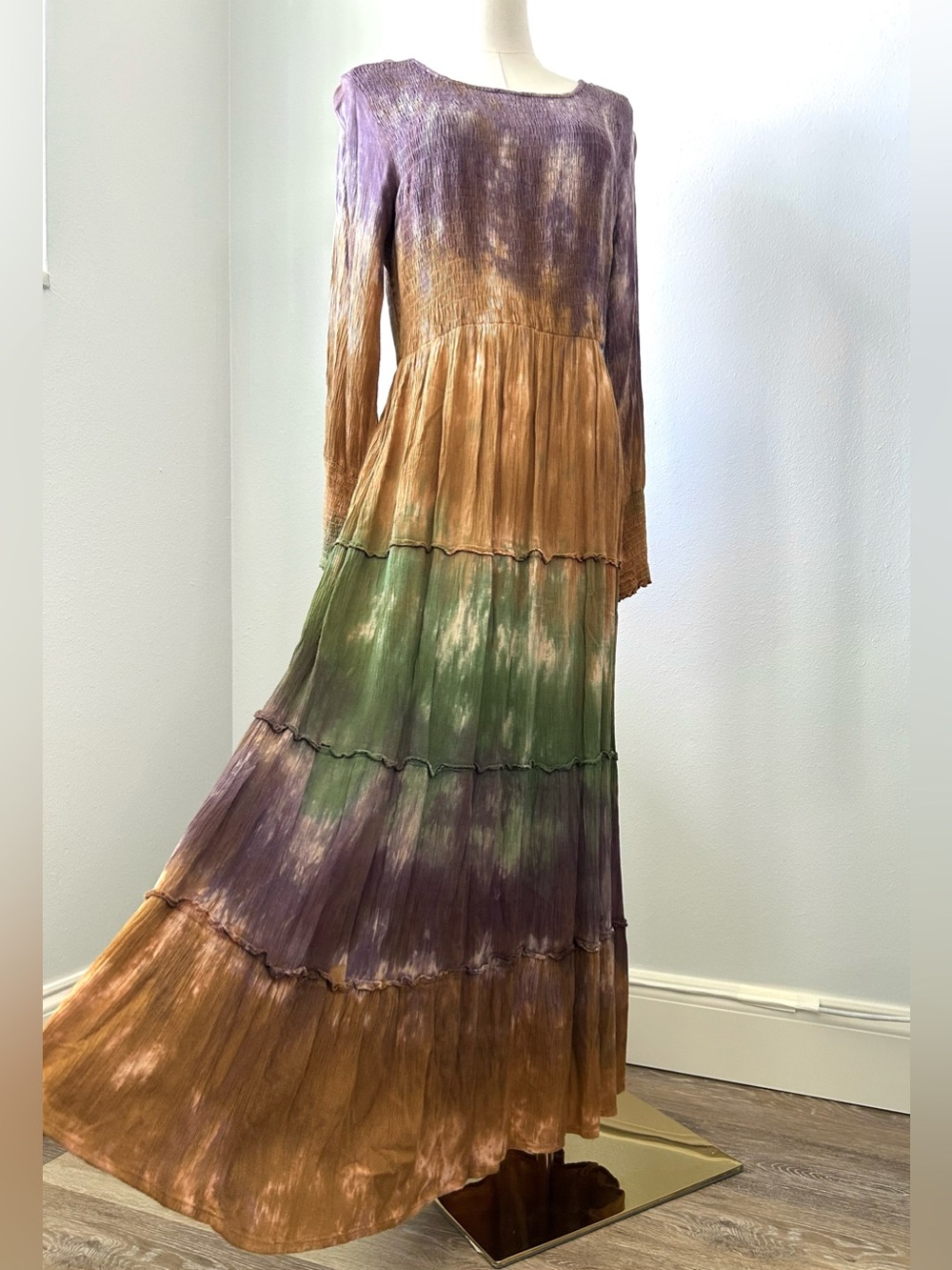 Frazzle Earthy Rust Plum Green Tie Dye Smocked Tiered Maxi Dress Womens M
